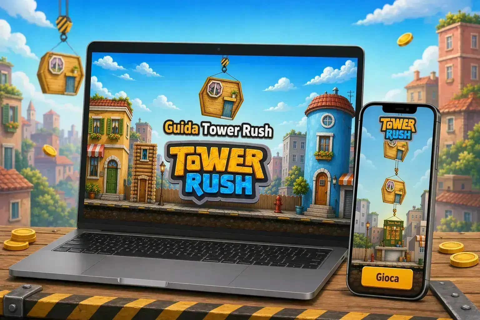 Mockup interfaccia Tower Rush Italia su desktop e mobile